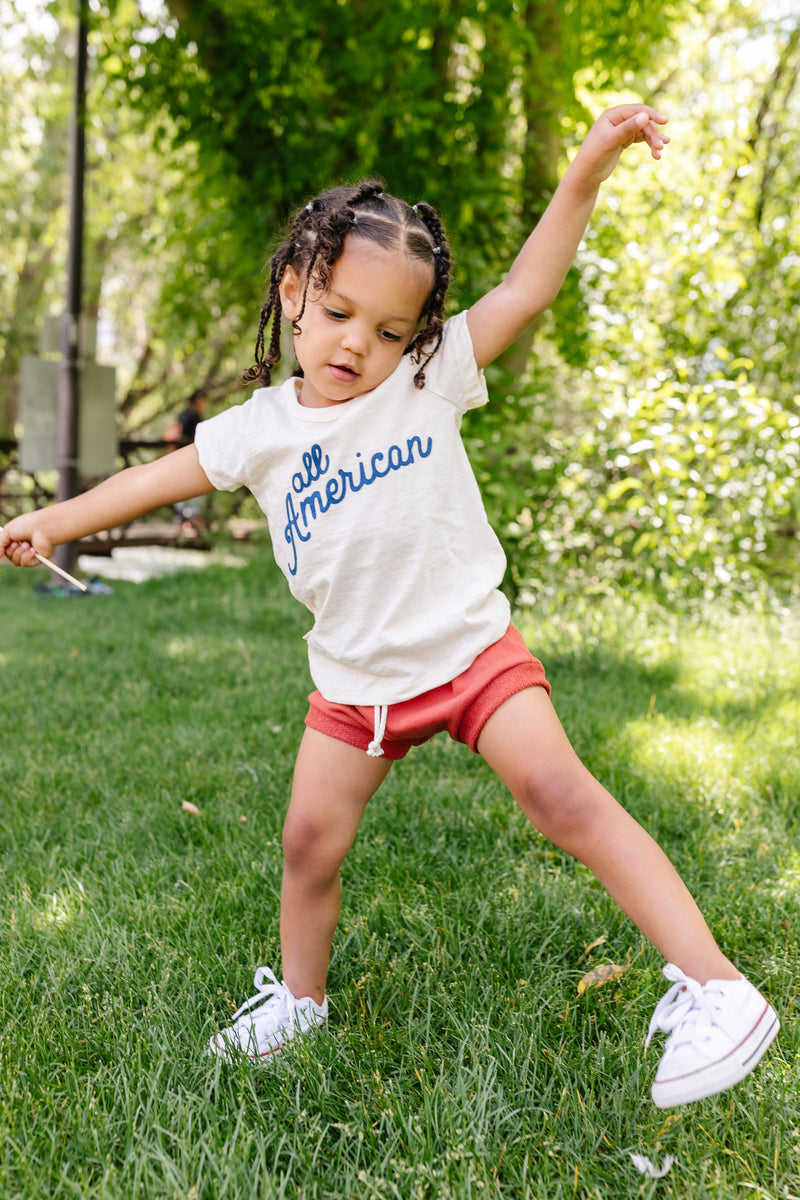 Childhoods deals Crimson Boy Shorts and all american tee