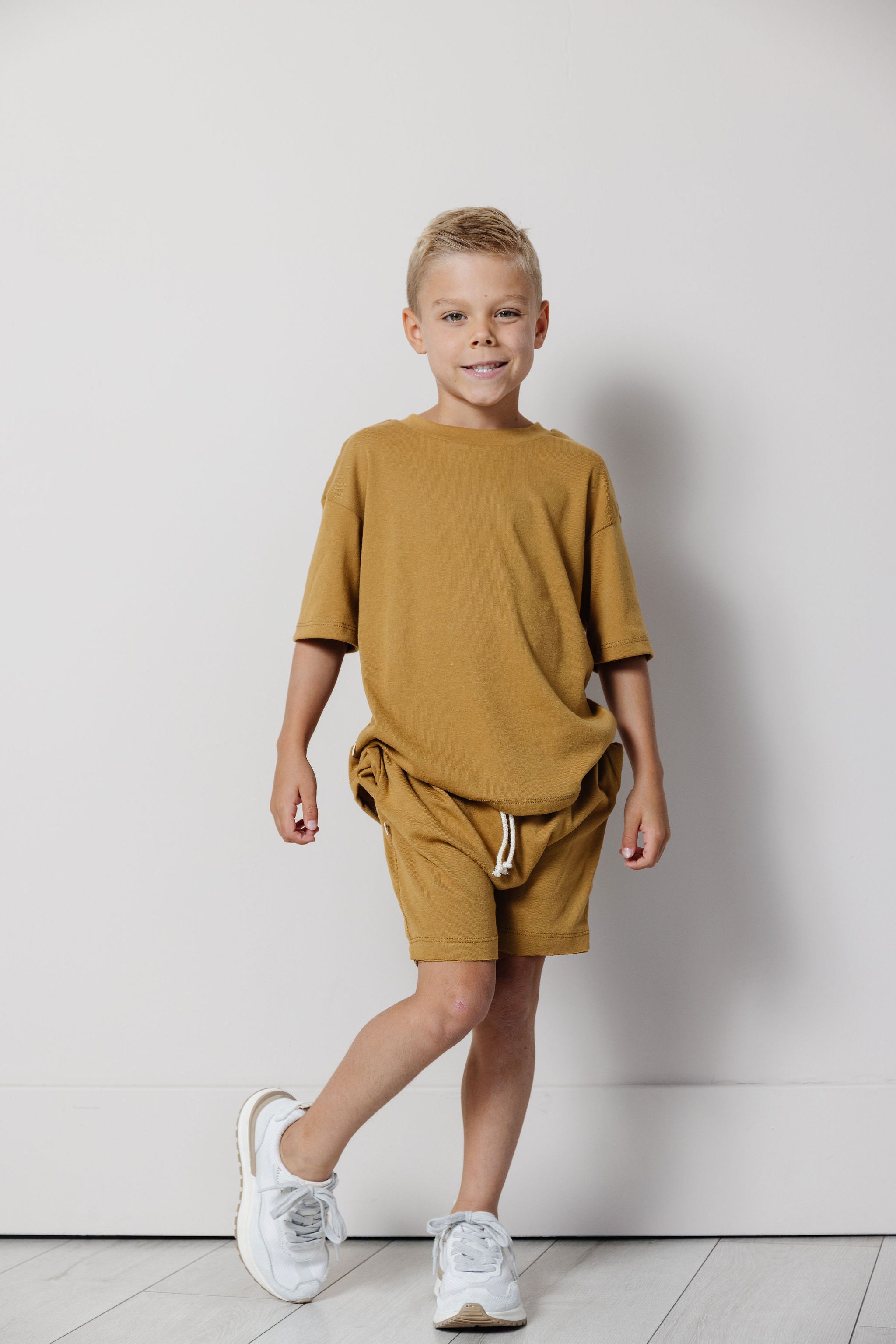 rib knit boy short set - wheat