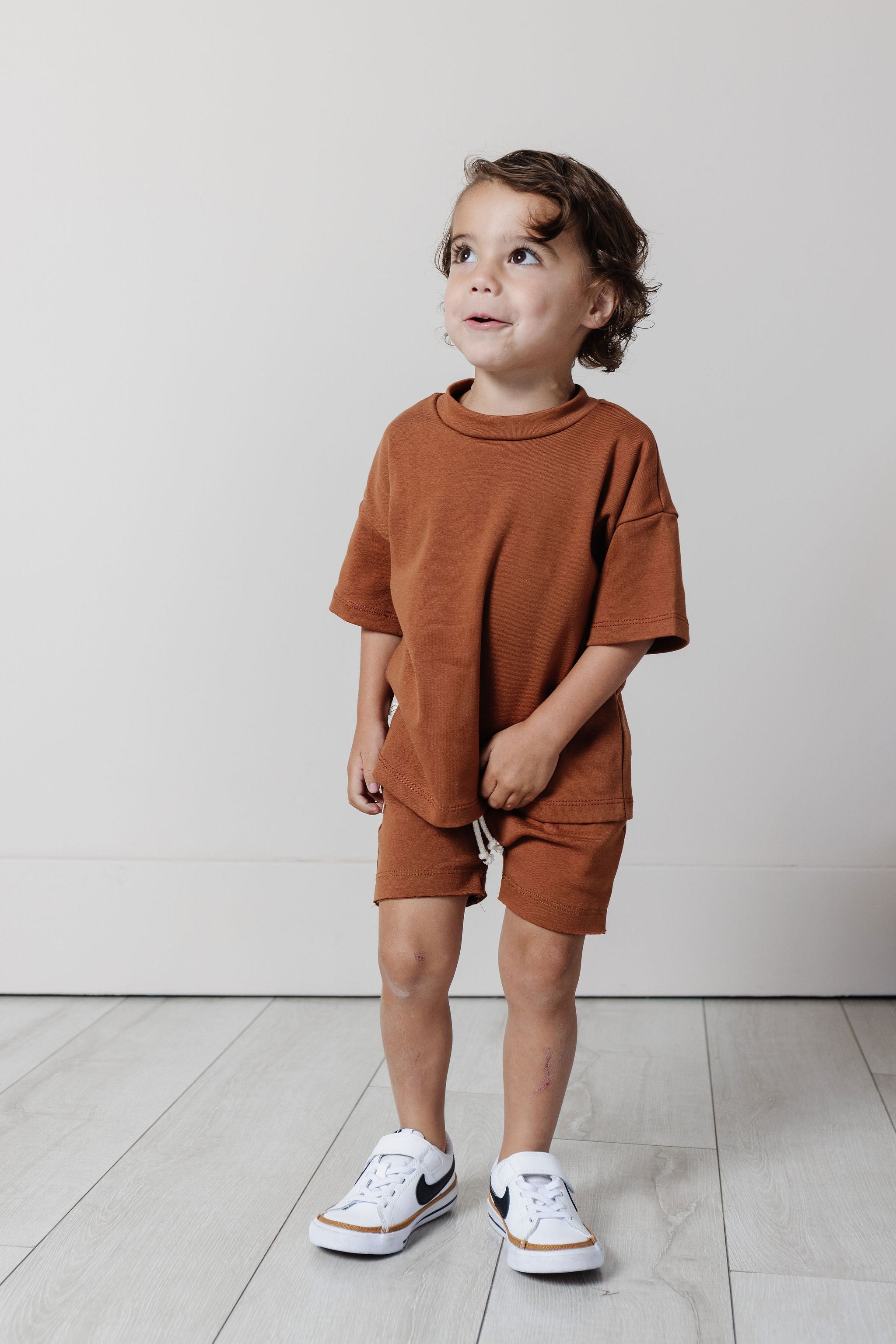 rib knit boy short set - cognac