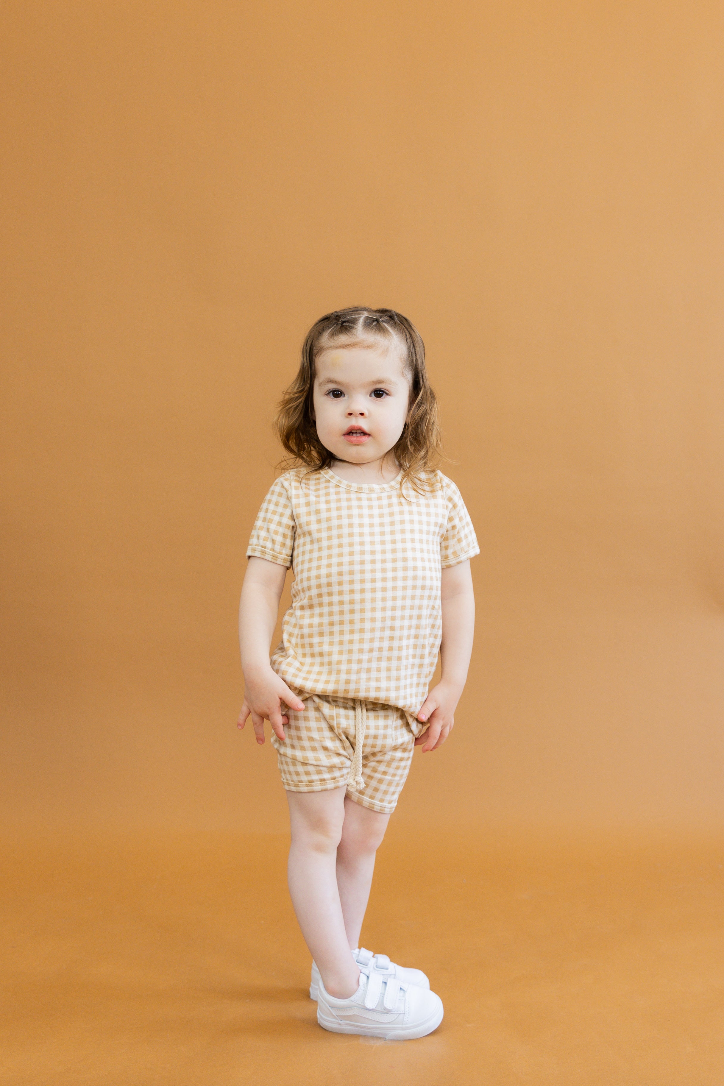 rib knit tee CO - tan gingham