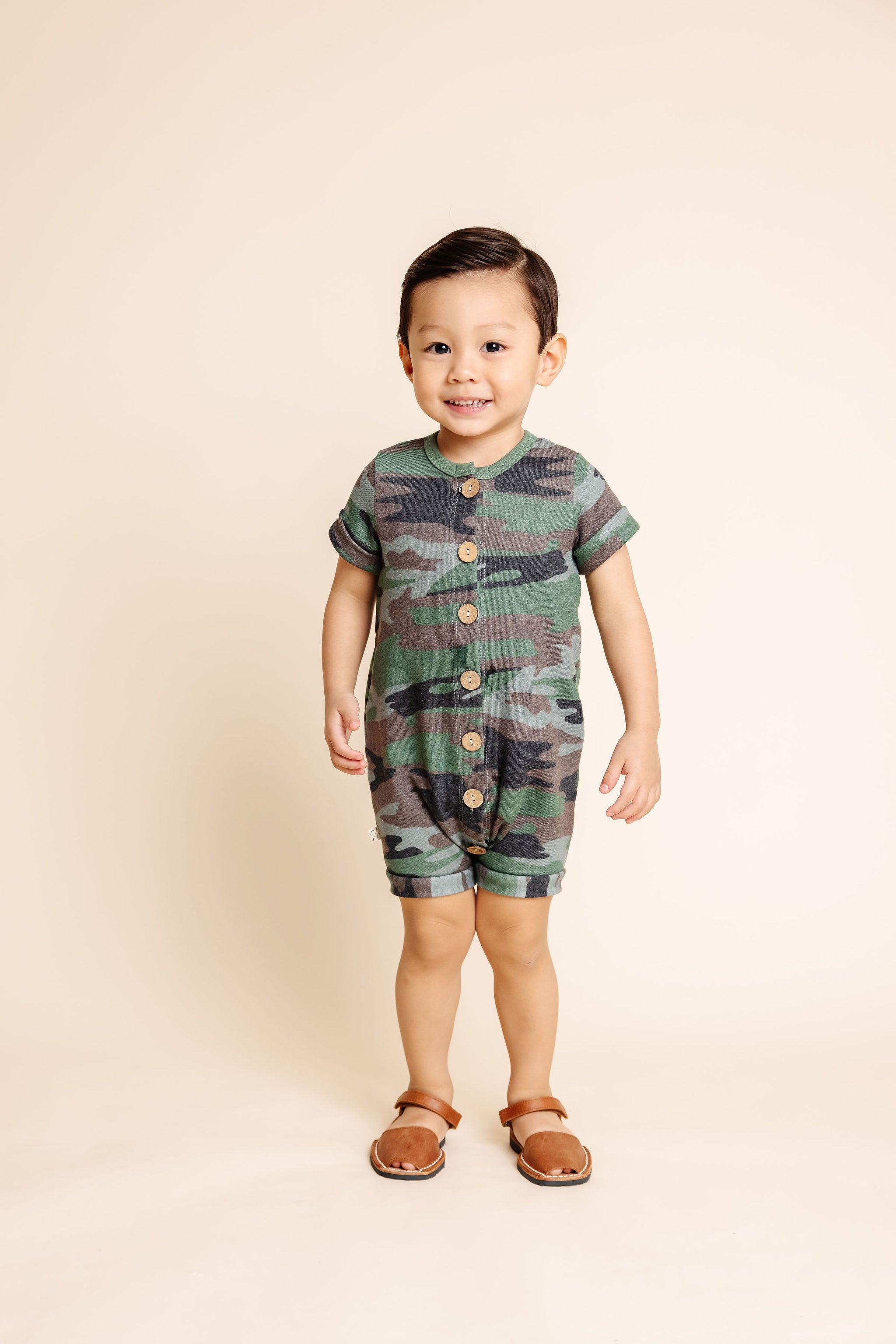 rolled sleeve romper - classic camo