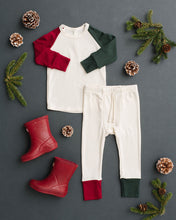 Load image into Gallery viewer, rib knit pant CO - natural and stocking red and wreath green contrast