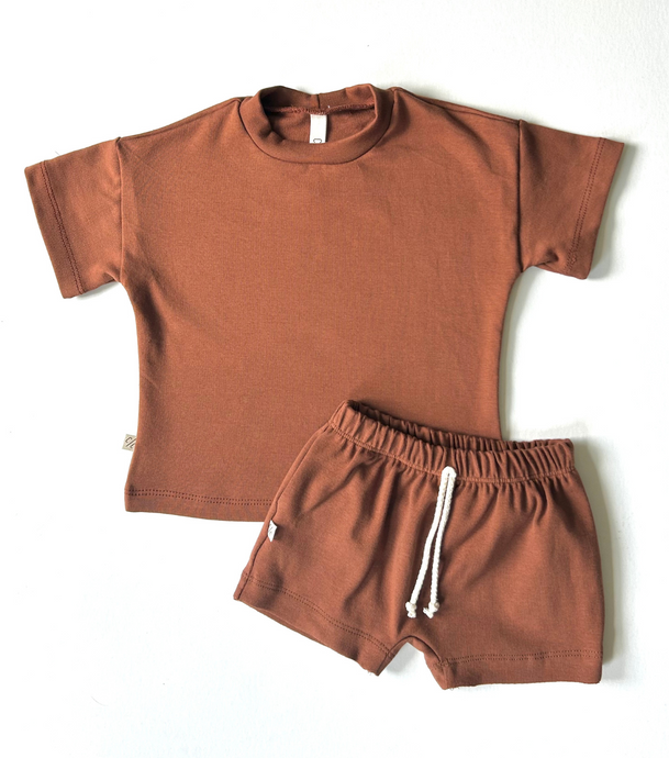rib knit boy short set - cognac