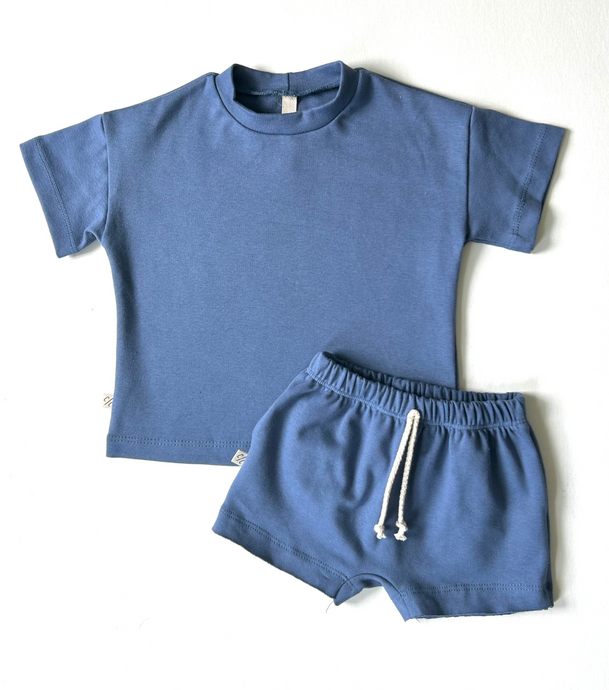 rib knit boy short set - ink blue