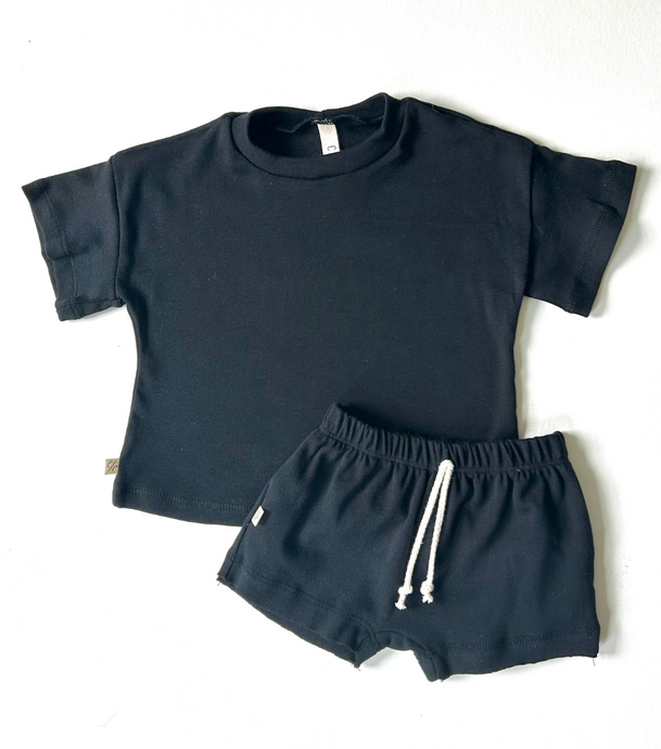 rib knit boy short set - black