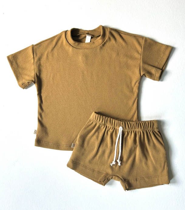 rib knit boy short set - wheat