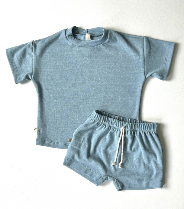 rib knit boy short set - carolina blue