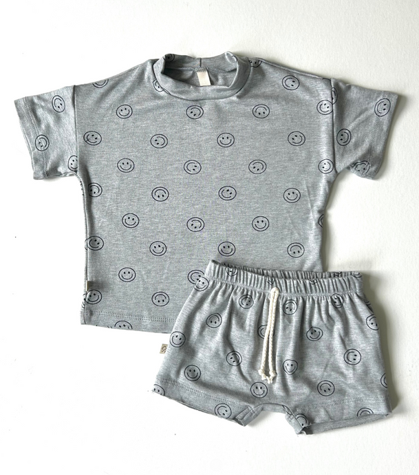 rib knit boy short set - all over smile