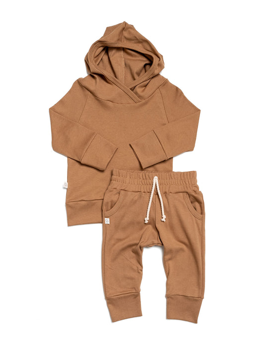 rib knit hoodie set - tan