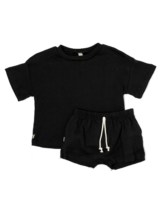 rib knit boy short set - black