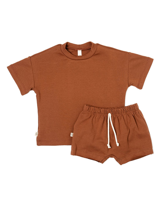 rib knit boy short set - cognac