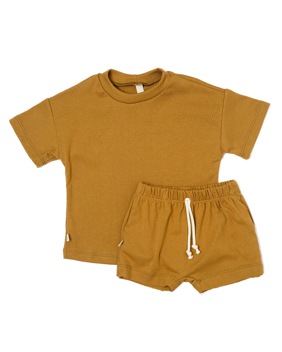 rib knit boy short set - wheat