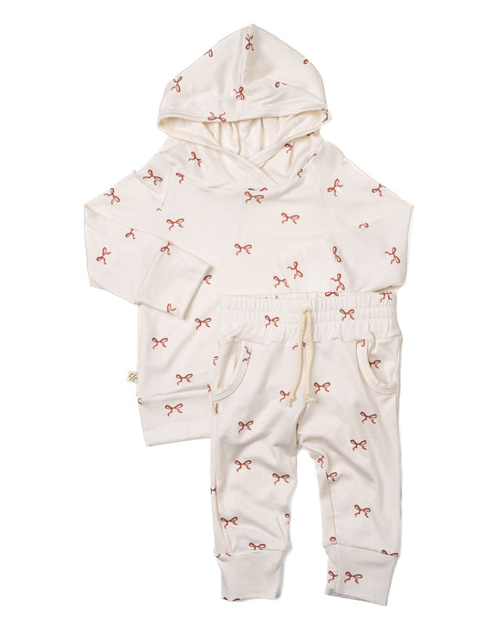 rib knit hoodie set - classic bow on natural