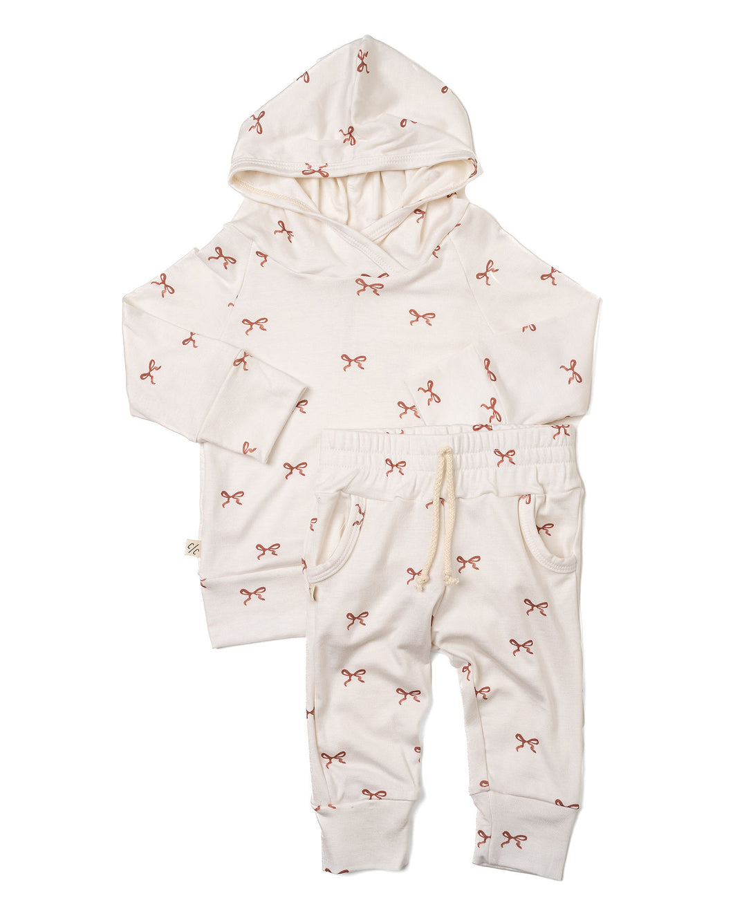 rib knit hoodie set - classic bow on natural