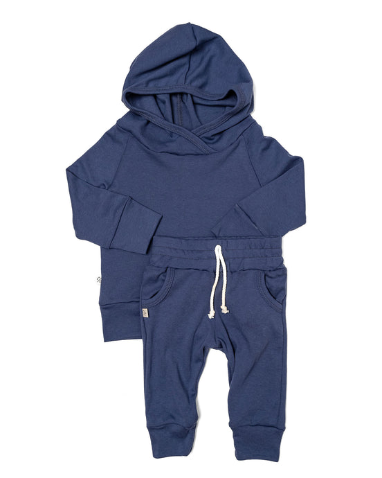 rib knit hoodie set - ink blue