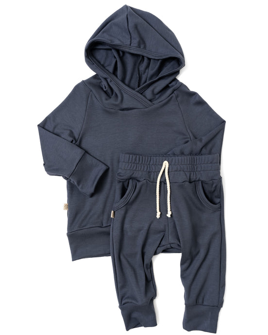 rib knit hoodie set - midnight blue