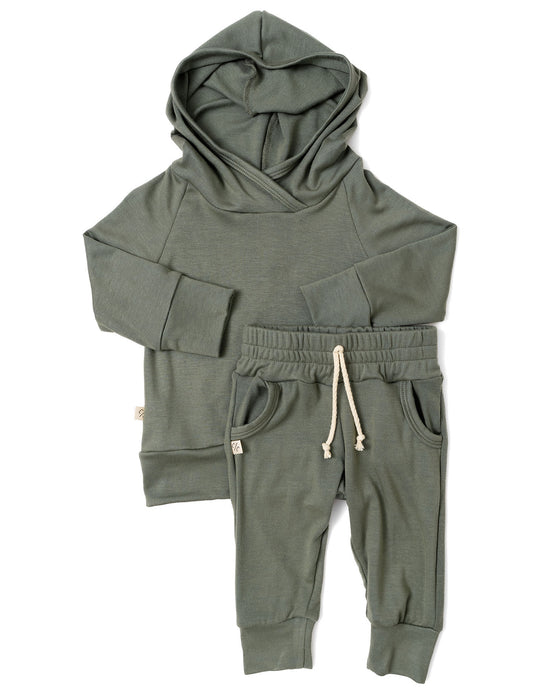 rib knit hoodie set - dark sage