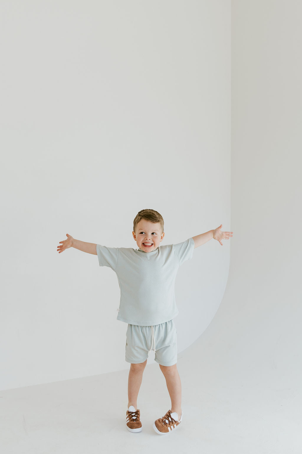 rib knit boy shorts set - blue fog