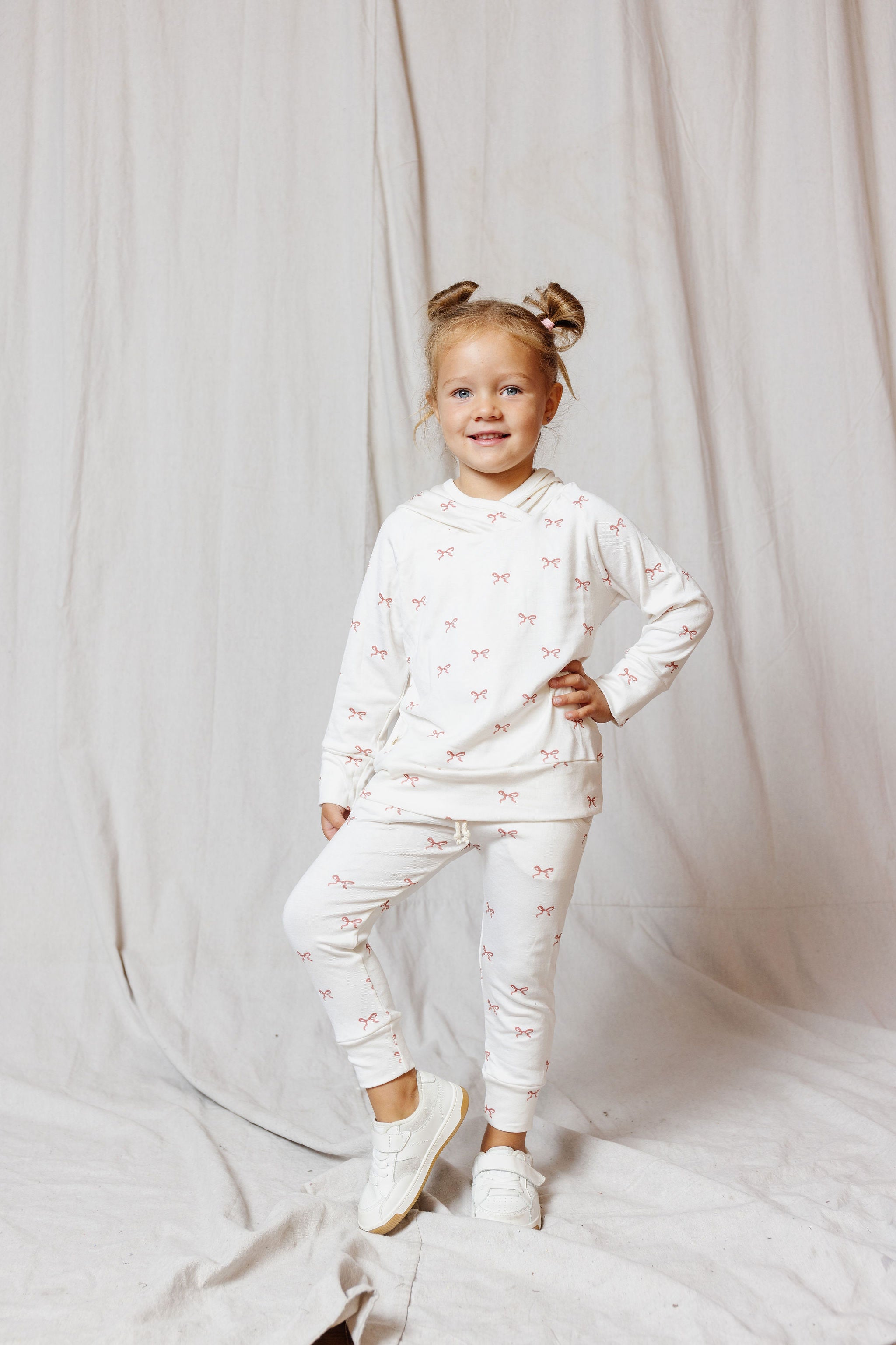 rib knit hoodie set - classic bow on natural