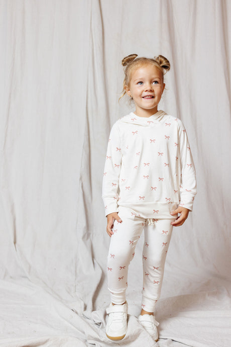 rib knit hoodie set - classic bow on natural