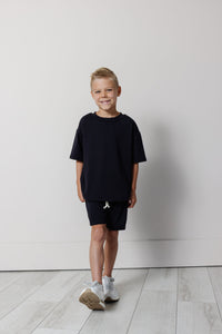 rib knit boy short set - black