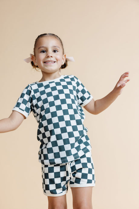 french terry retro short - jade checkerboard