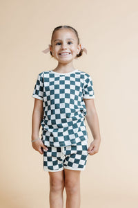 french terry retro short - jade checkerboard