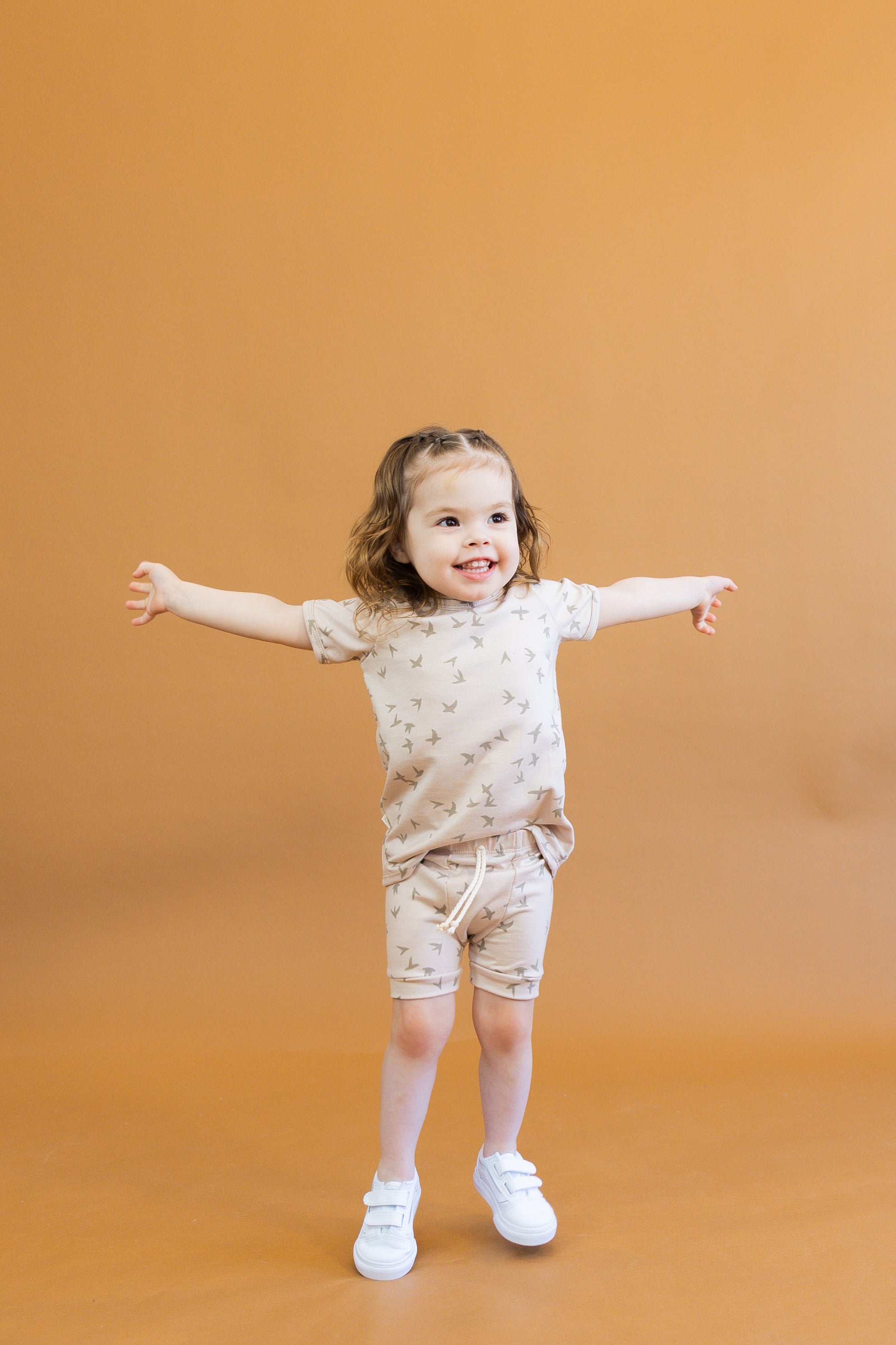 rib knit shorts CO - birds on mushroom