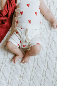 rib knit shorts - red hearts on natural