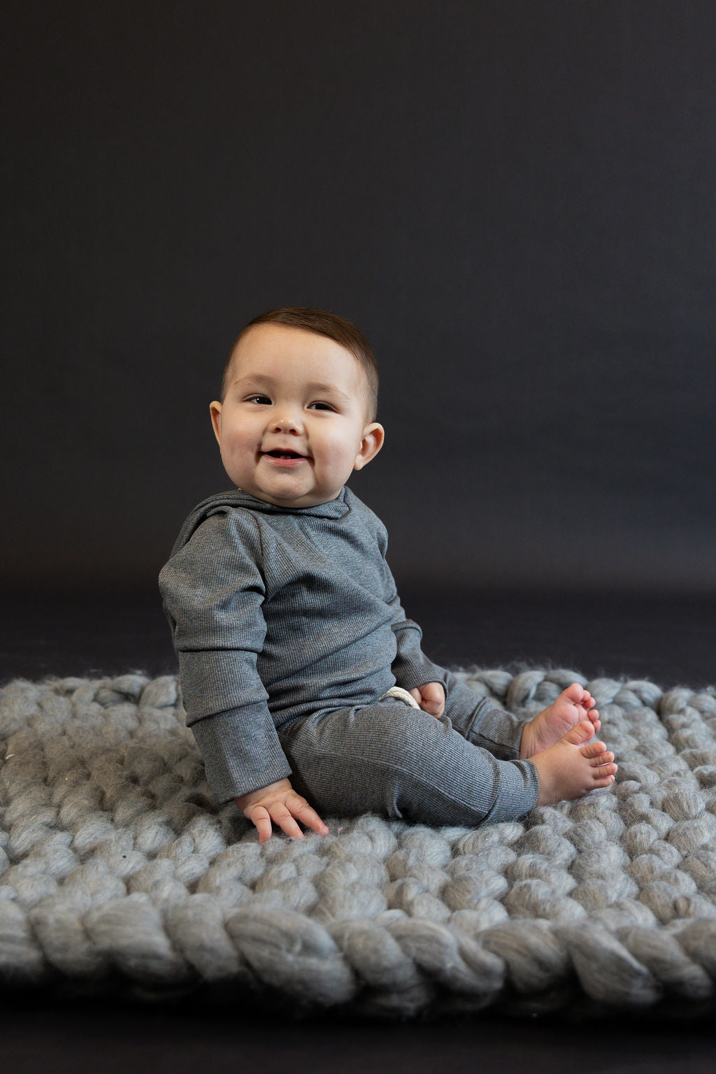 rib knit trademark hoodie CO- iron gray