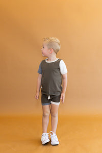 rib knit shorts - dark fatigue heather gray and natural