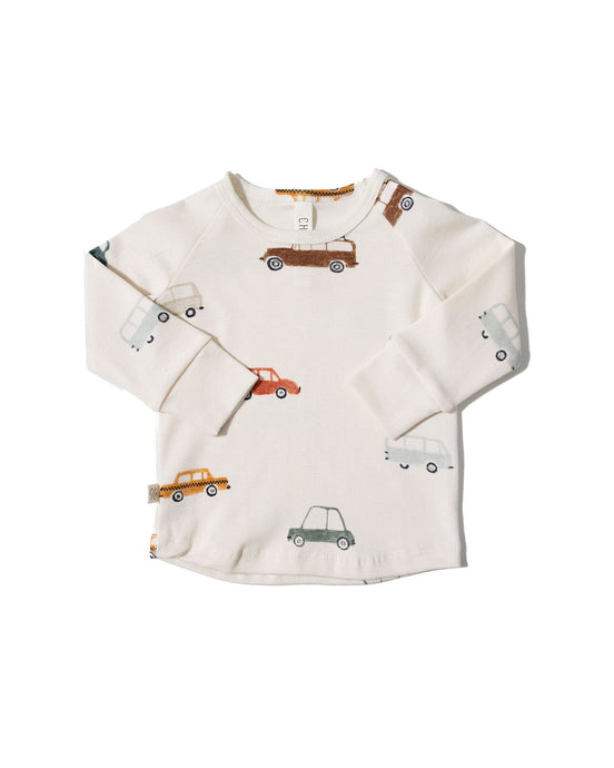 rib knit long sleeve tee - cars on natural