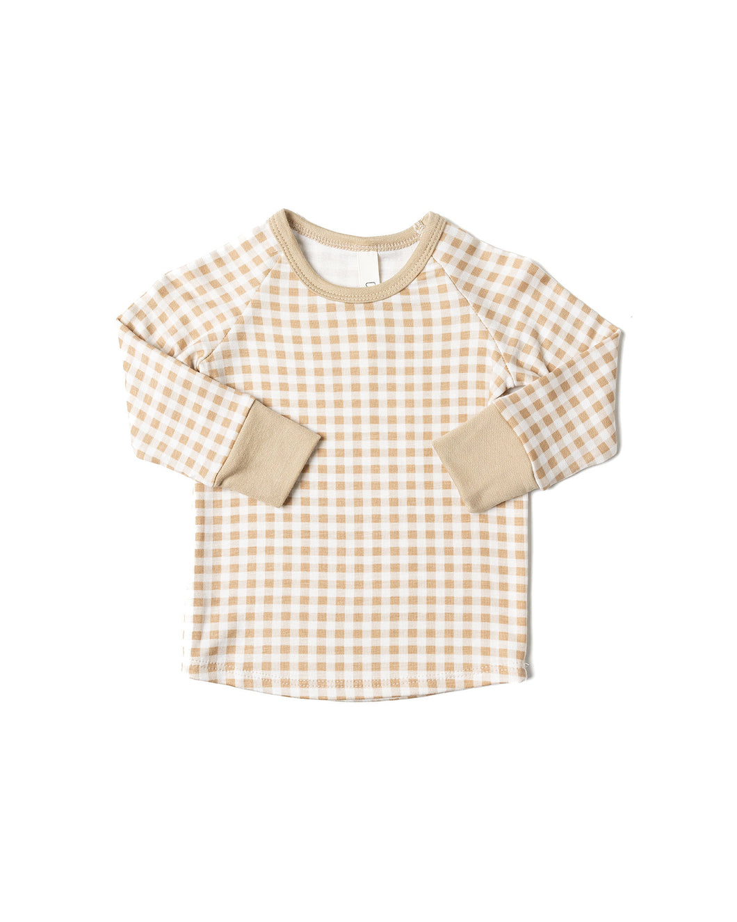 rib knit long sleeve tee - tan gingham