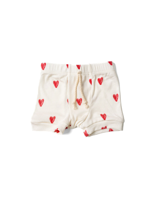 rib knit shorts - red hearts on natural