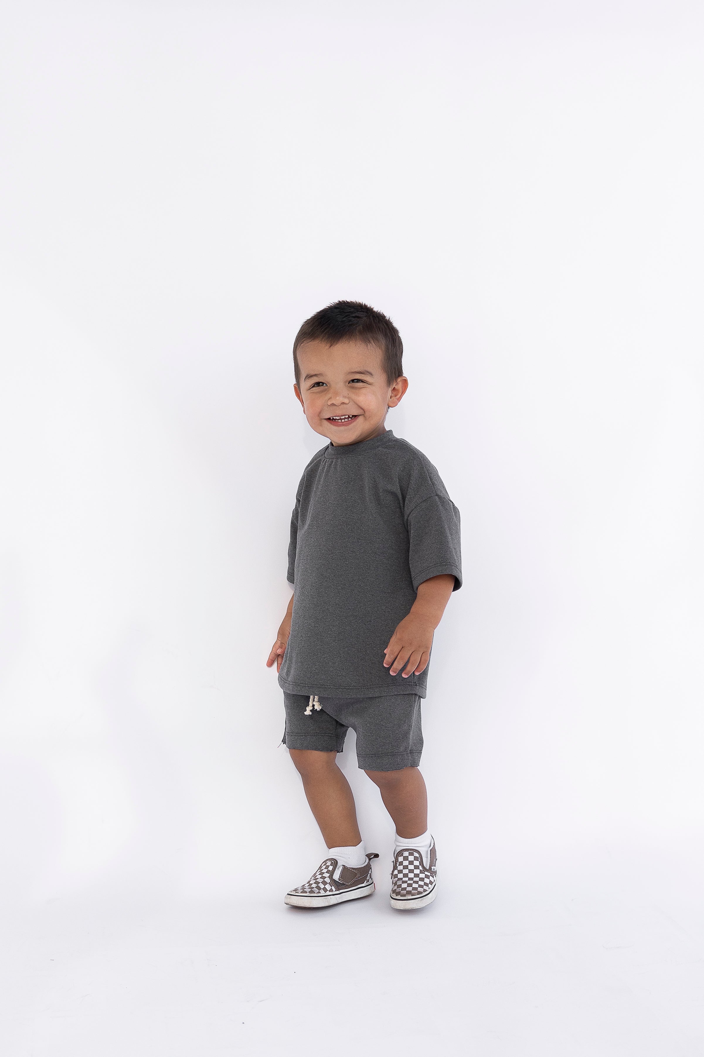 rib knit boy short set - iron gray