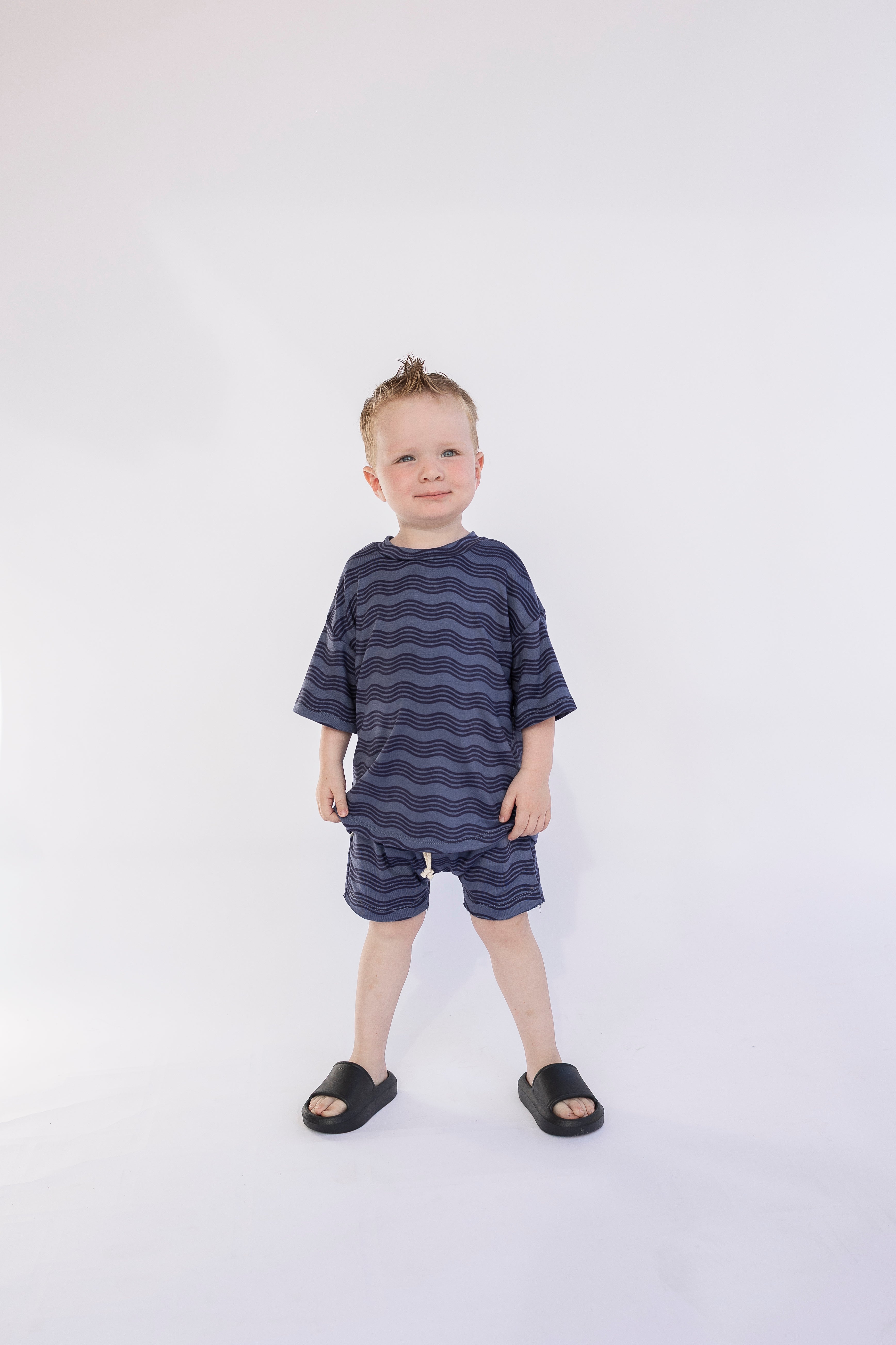 rib knit boy short set - wavy lines