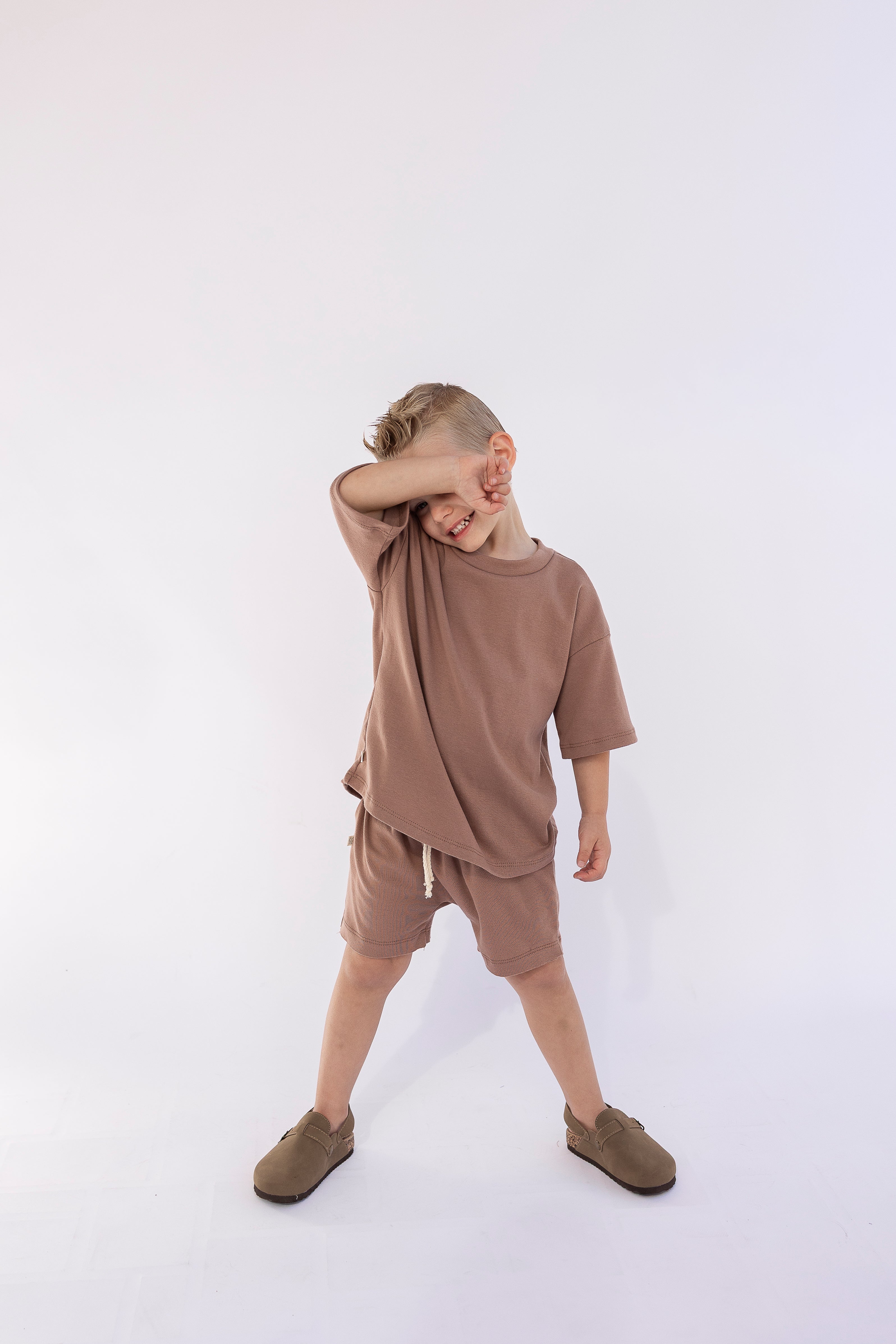 rib knit boy short set - milk chocolate