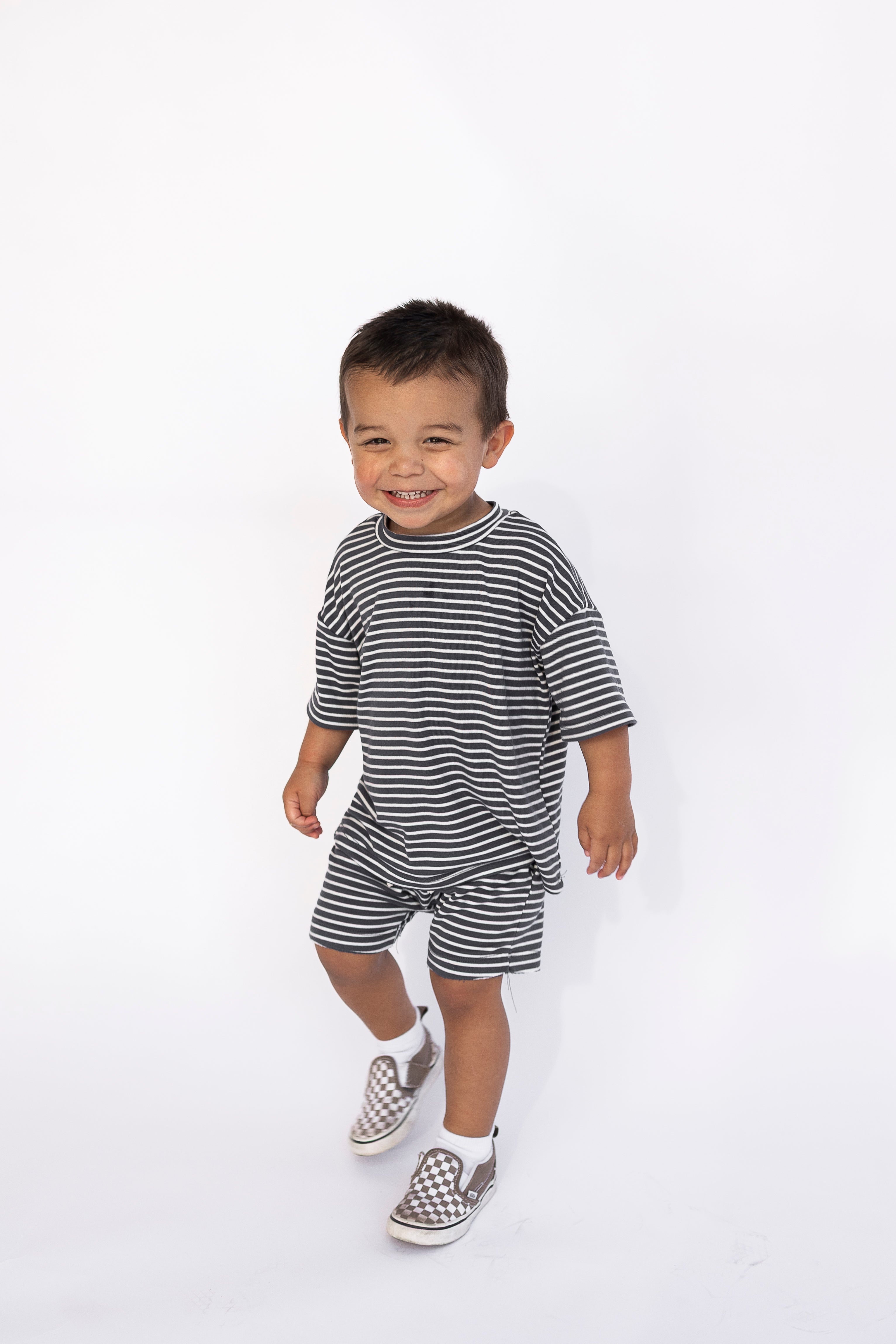 rib knit boy short set - navy stripe