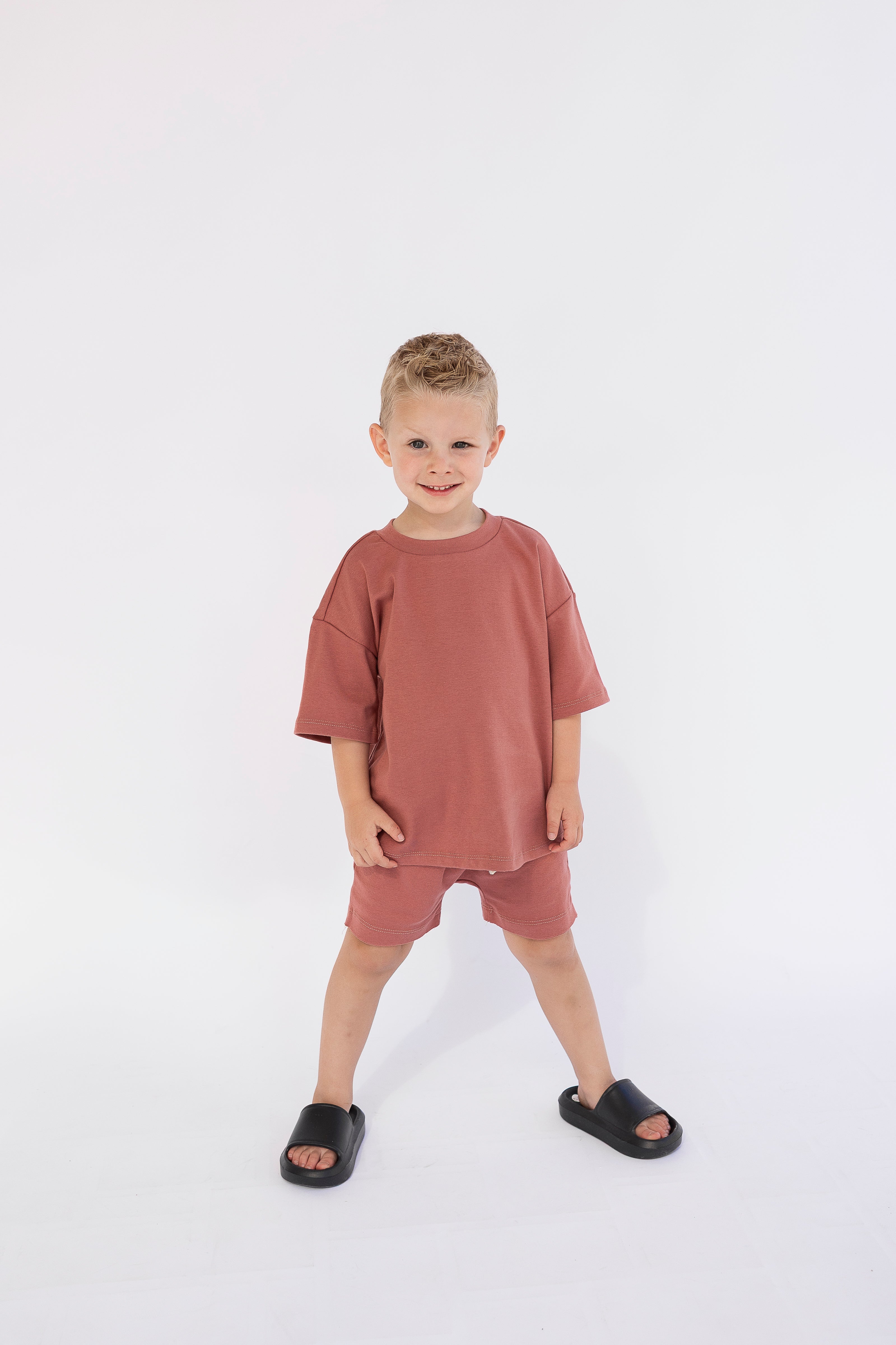 rib knit boy short set - redwood