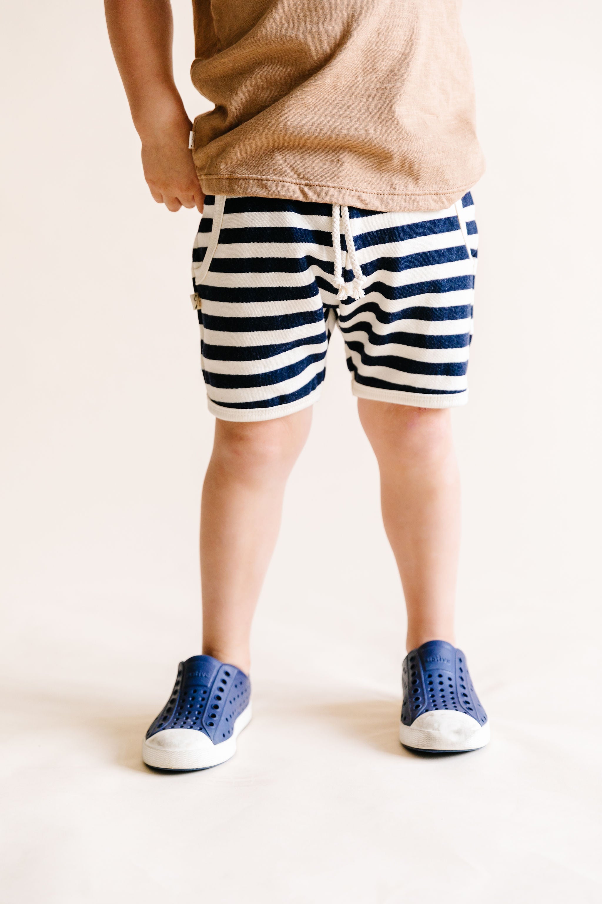 french terry retro short - navy and cream stripe