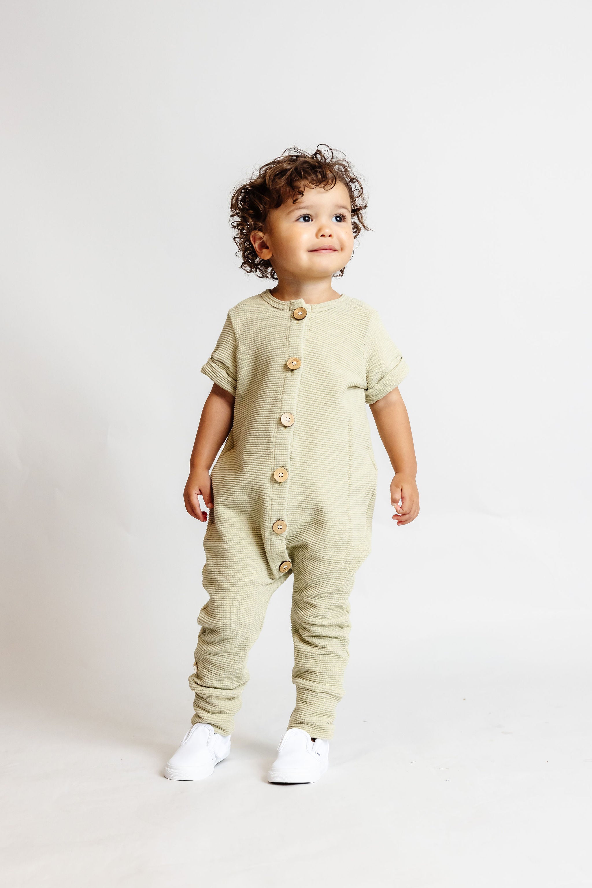 waffle long rolled sleeve romper CO - flax