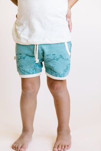french terry retro short - maps on oil blue