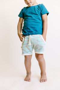 french terry retro short - deep teal painted stripe