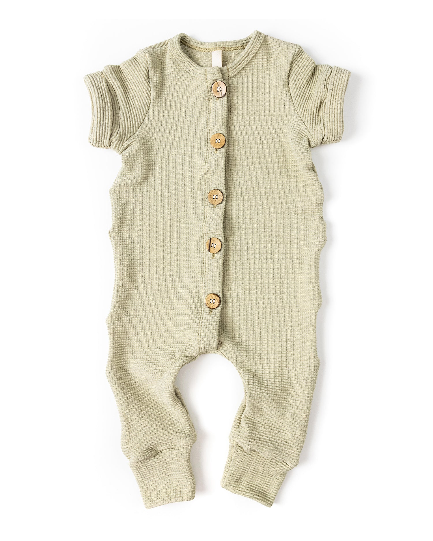 waffle long rolled sleeve romper - flax