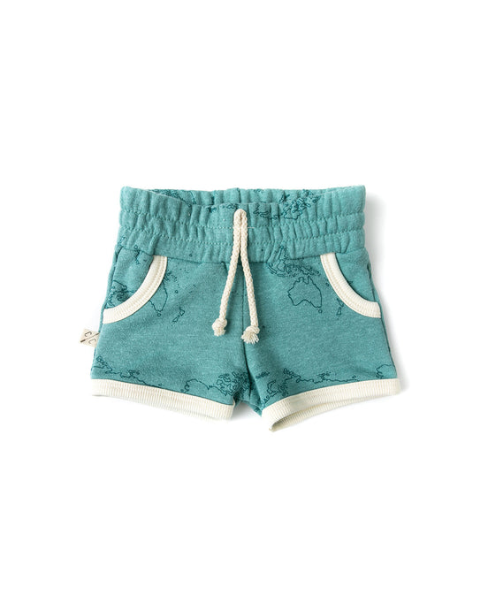 french terry retro short CO - maps on oil blue