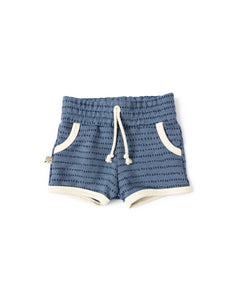 french terry retro short - dash dot on steel blue