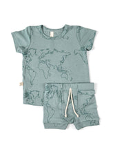 Load image into Gallery viewer, rib knit shorts - maps on oil blue