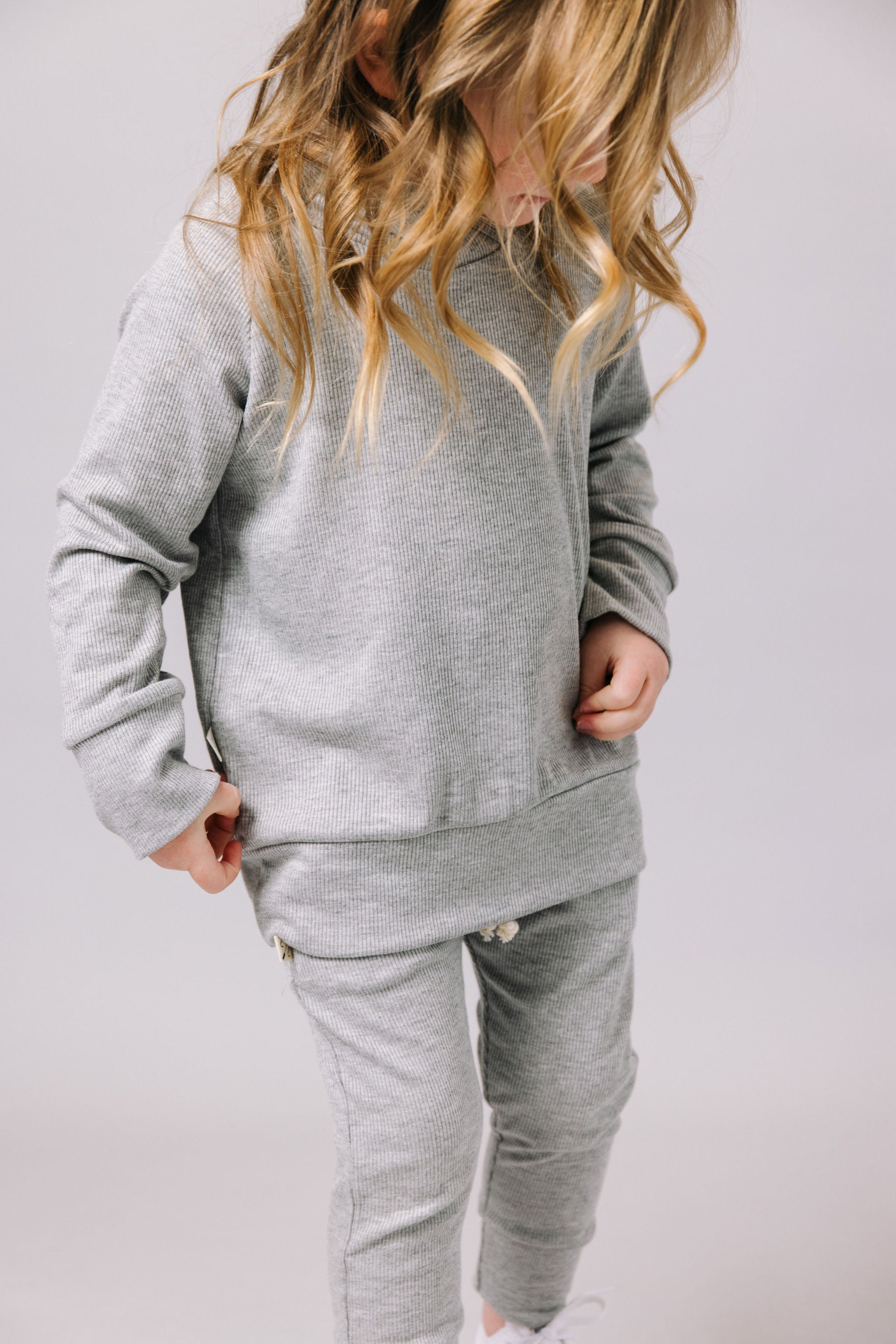 rib knit trademark hoodie CO- gray heather