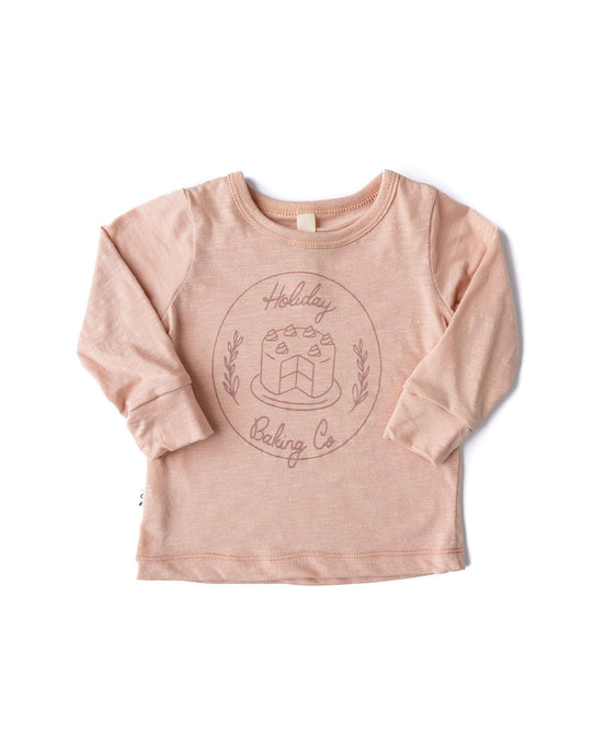 long sleeve tee - holiday baking on shell pink