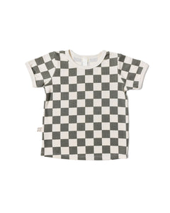 rib knit tee - vetiver checkerboard with contrast